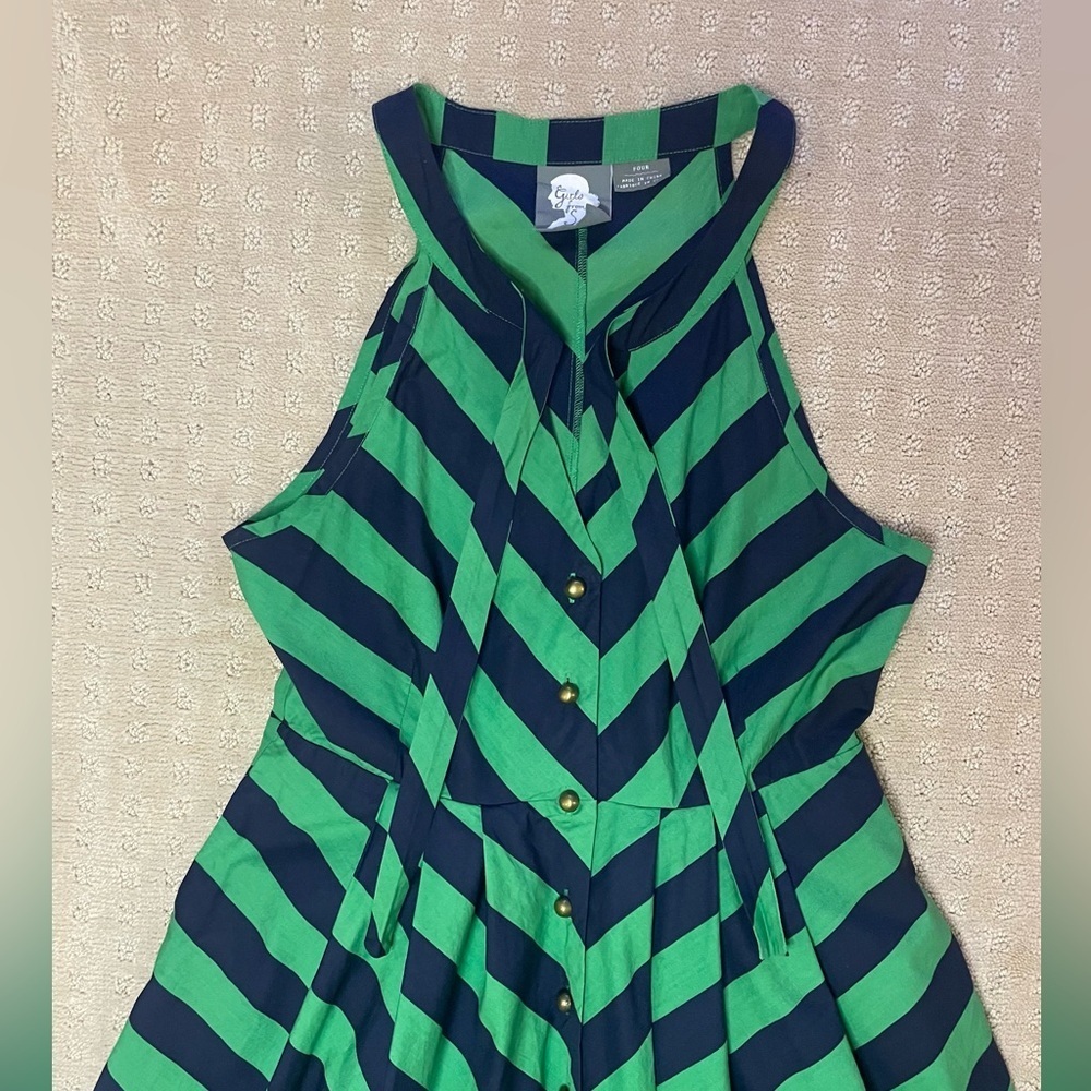 Anthropology Brand, Girls from Savoy, Green & Navy Sun Dress w/ pockets, Sz 4 - Picture 11 of 16
